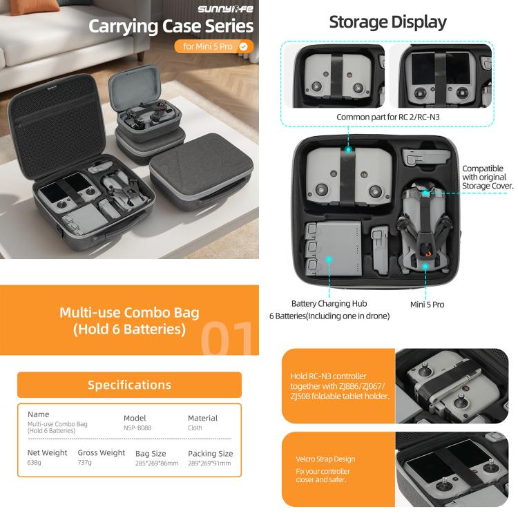 Sunnylife Carrying Hard Travel Storage Bag For DJI Mini 5 Pro Batteries Combo Bag - Carry Cases & Bags by Sunnylife | Online Shopping UK | buy2fix
