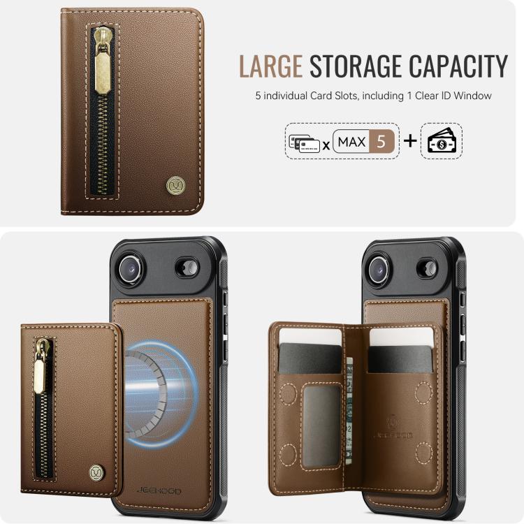 For iPhone Air JEEHOOD J12 Exquisite RFID MagSafe Zipper Card Bag Phone Case(Brown) - iPhone Air Cases by JEEHOOD | Online Shopping UK | buy2fix