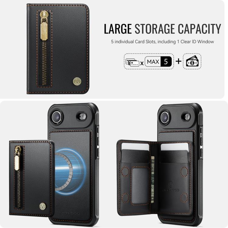 For iPhone Air JEEHOOD J12 Exquisite RFID MagSafe Zipper Card Bag Phone Case(Black) - iPhone Air Cases by JEEHOOD | Online Shopping UK | buy2fix