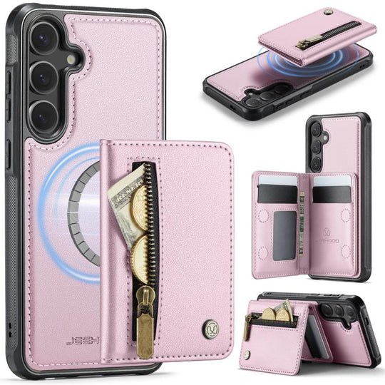 For Samsung Galaxy S25+ 5G JEEHOOD J12 Exquisite RFID MagSafe Zipper Card Bag Phone Case(Pink)
