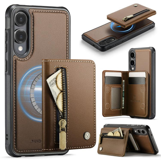 For Samsung Galaxy S25 Edge 5G JEEHOOD J12 Exquisite RFID MagSafe Zipper Card Bag Phone Case(Brown)