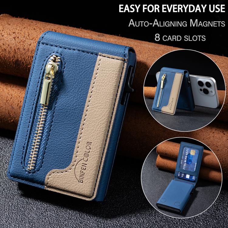 BFK31 Colorblock Zipper MagSafe Magnetic Leather Card Bag(Dark Blue) - Adhesive Card Holders by buy2fix | Online Shopping UK | buy2fix