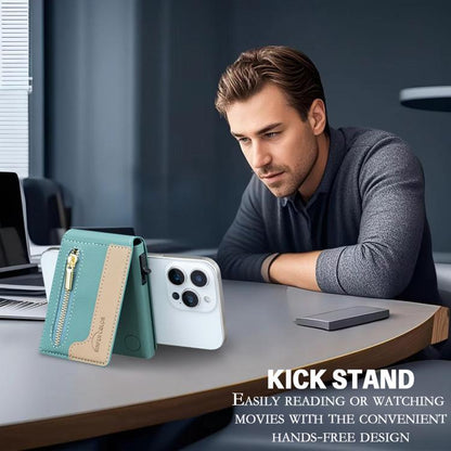 BFK31 Colorblock Zipper MagSafe Magnetic Leather Card Bag(Green) - Adhesive Card Holders by buy2fix | Online Shopping UK | buy2fix