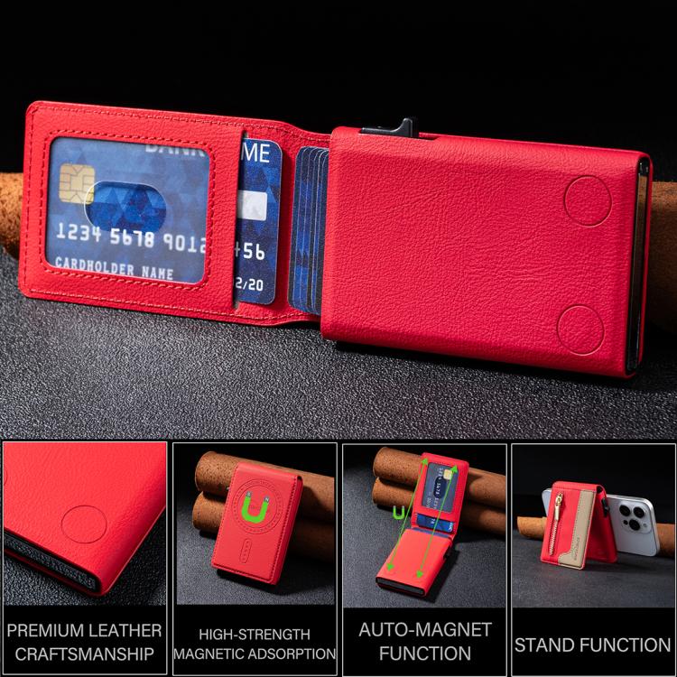 BFK31 Colorblock Zipper MagSafe Magnetic Leather Card Bag(Red) - Adhesive Card Holders by buy2fix | Online Shopping UK | buy2fix
