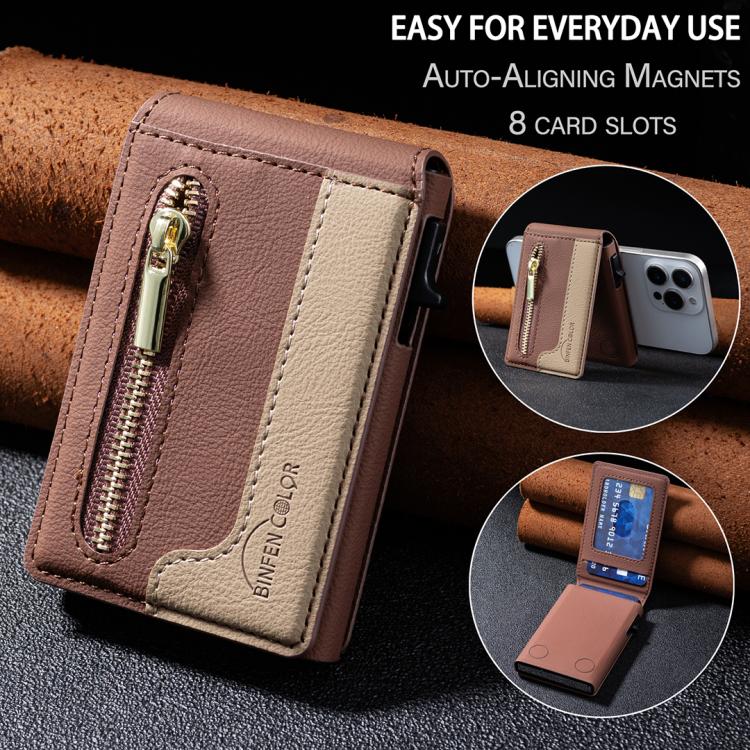 BFK31 Colorblock Zipper MagSafe Magnetic Leather Card Bag(Brown) - Adhesive Card Holders by buy2fix | Online Shopping UK | buy2fix