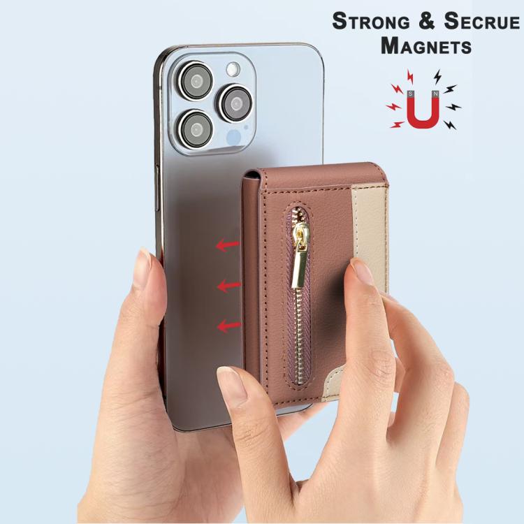 BFK31 Colorblock Zipper MagSafe Magnetic Leather Card Bag(Brown) - Adhesive Card Holders by buy2fix | Online Shopping UK | buy2fix