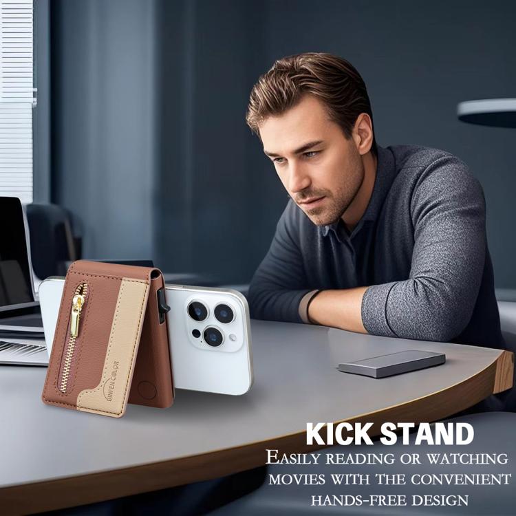 BFK31 Colorblock Zipper MagSafe Magnetic Leather Card Bag(Brown) - Adhesive Card Holders by buy2fix | Online Shopping UK | buy2fix