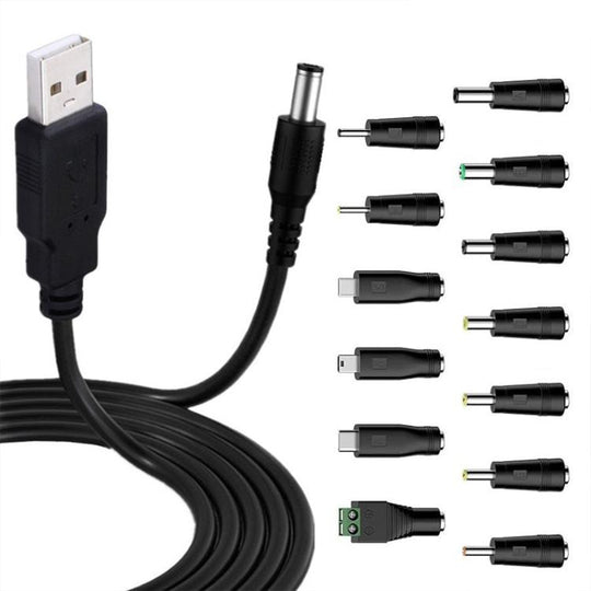1.5m USB to DC5.5x2.1mm Male Power Cord with 13pcs Converter(Black)