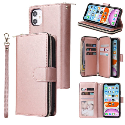For iPhone 11 Zipper Wallet Bag Horizontal Flip PU Leather Case with Holder & 9 Card Slots & Wallet & Lanyard & Photo Frame(Rose Gold) - iPhone 11 Cases by buy2fix | Online Shopping UK | buy2fix