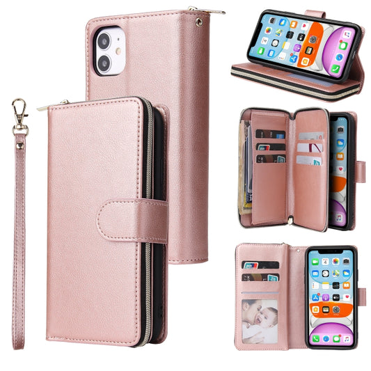 For iPhone 11 Zipper Wallet Bag Horizontal Flip PU Leather Case with Holder & 9 Card Slots & Wallet & Lanyard & Photo Frame(Rose Gold) - iPhone 11 Cases by buy2fix | Online Shopping UK | buy2fix