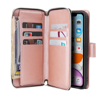 For iPhone 11 Zipper Wallet Bag Horizontal Flip PU Leather Case with Holder & 9 Card Slots & Wallet & Lanyard & Photo Frame(Rose Gold) - iPhone 11 Cases by buy2fix | Online Shopping UK | buy2fix