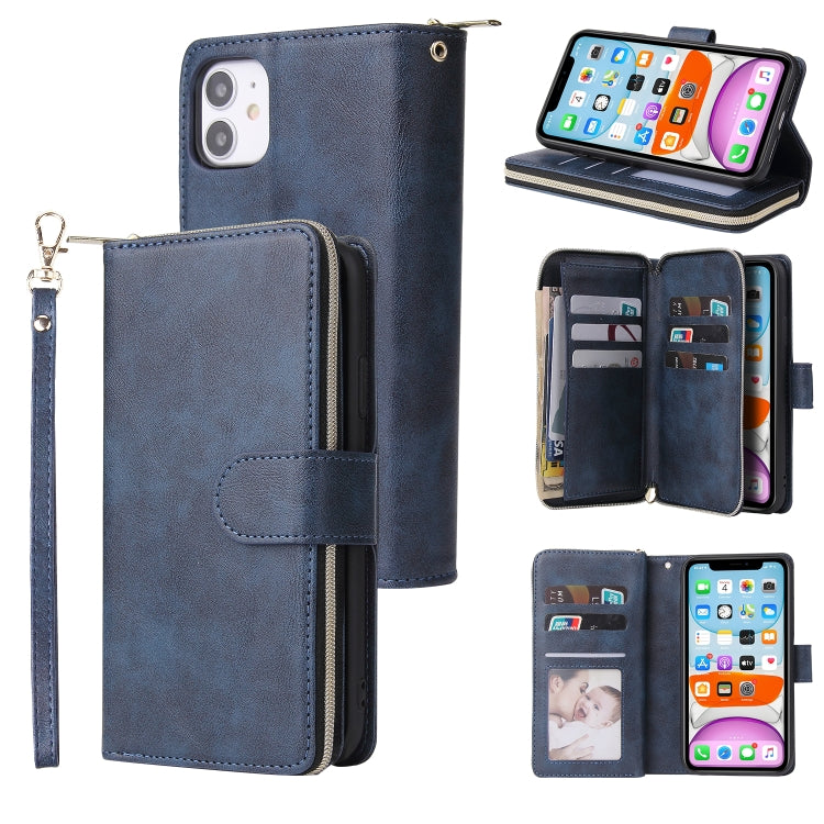 For iPhone 11 Zipper Wallet Bag Horizontal Flip PU Leather Case with Holder & 9 Card Slots & Wallet & Lanyard & Photo Frame(Blue) - iPhone 11 Cases by buy2fix | Online Shopping UK | buy2fix