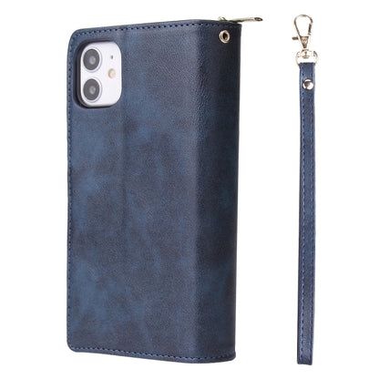 For iPhone 11 Zipper Wallet Bag Horizontal Flip PU Leather Case with Holder & 9 Card Slots & Wallet & Lanyard & Photo Frame(Blue) - iPhone 11 Cases by buy2fix | Online Shopping UK | buy2fix