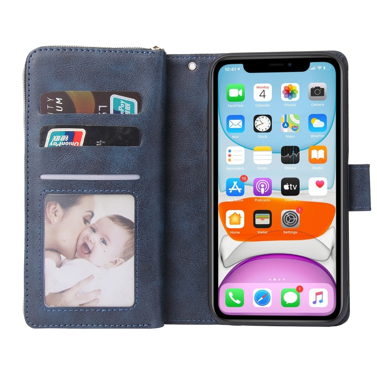 For iPhone 11 Zipper Wallet Bag Horizontal Flip PU Leather Case with Holder & 9 Card Slots & Wallet & Lanyard & Photo Frame(Blue) - iPhone 11 Cases by buy2fix | Online Shopping UK | buy2fix