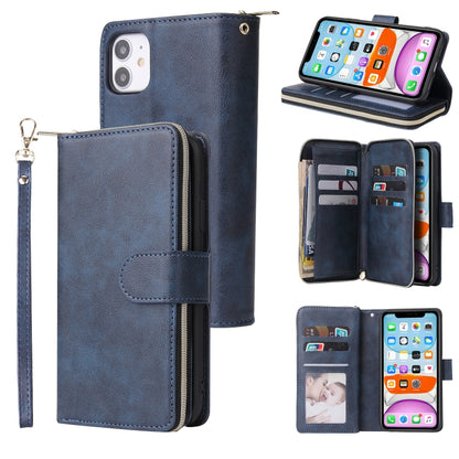 For iPhone 11 Pro Zipper Wallet Bag Horizontal Flip PU Leather Case with Holder & 9 Card Slots & Wallet & Lanyard & Photo Frame(Blue) - iPhone 11 Pro Cases by buy2fix | Online Shopping UK | buy2fix