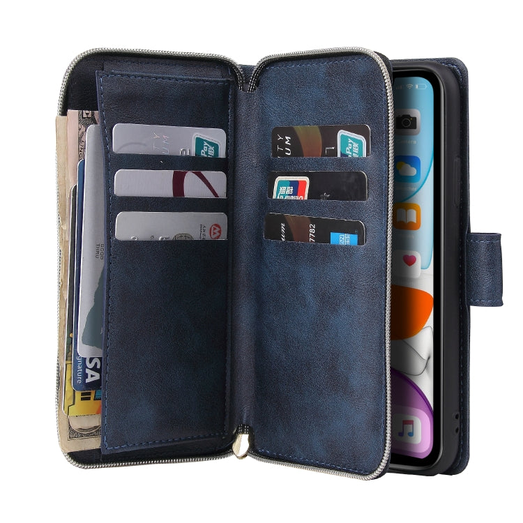 For iPhone 11 Pro Zipper Wallet Bag Horizontal Flip PU Leather Case with Holder & 9 Card Slots & Wallet & Lanyard & Photo Frame(Blue) - iPhone 11 Pro Cases by buy2fix | Online Shopping UK | buy2fix
