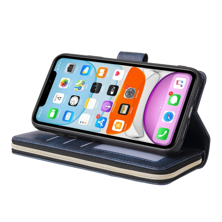 For iPhone 11 Pro Zipper Wallet Bag Horizontal Flip PU Leather Case with Holder & 9 Card Slots & Wallet & Lanyard & Photo Frame(Blue) - iPhone 11 Pro Cases by buy2fix | Online Shopping UK | buy2fix