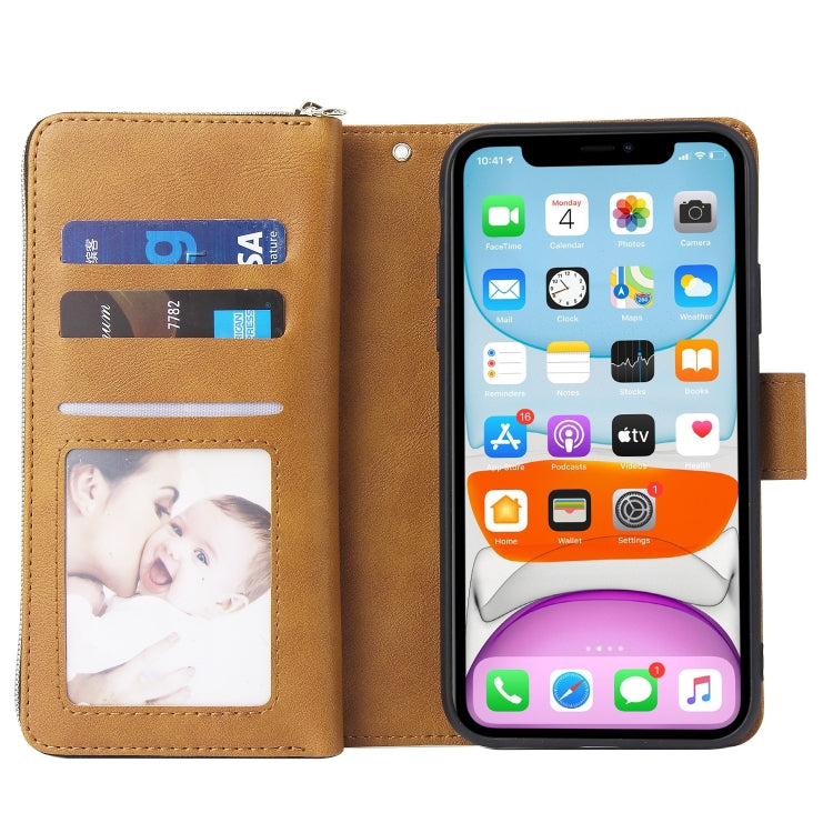 For iPhone 11 Pro Zipper Wallet Bag Horizontal Flip PU Leather Case with Holder & 9 Card Slots & Wallet & Lanyard & Photo Frame(Brown) - iPhone 11 Pro Cases by buy2fix | Online Shopping UK | buy2fix