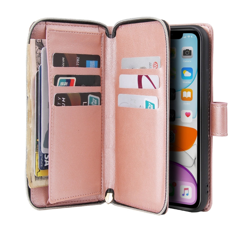 For iPhone 11 Pro Max Zipper Wallet Bag Horizontal Flip PU Leather Case with Holder & 9 Card Slots & Wallet & Lanyard & Photo Frame(Rose Gold) - iPhone 11 Pro Max Cases by buy2fix | Online Shopping UK | buy2fix