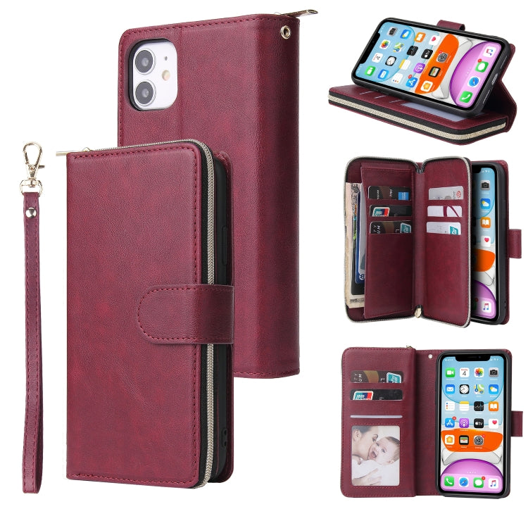 For iPhone 11 Pro Max Zipper Wallet Bag Horizontal Flip PU Leather Case with Holder & 9 Card Slots & Wallet & Lanyard & Photo Frame(Wine Red) - iPhone 11 Pro Max Cases by buy2fix | Online Shopping UK | buy2fix