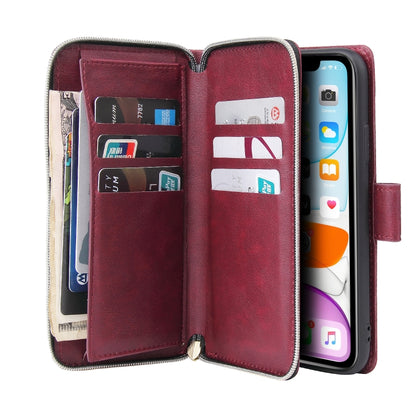 For iPhone 11 Pro Max Zipper Wallet Bag Horizontal Flip PU Leather Case with Holder & 9 Card Slots & Wallet & Lanyard & Photo Frame(Wine Red) - iPhone 11 Pro Max Cases by buy2fix | Online Shopping UK | buy2fix