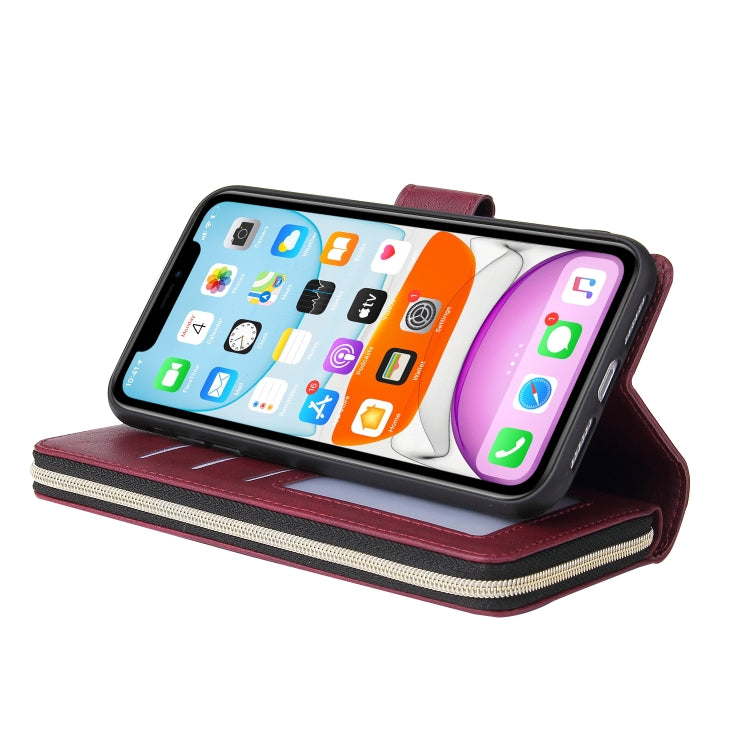 For iPhone 11 Pro Max Zipper Wallet Bag Horizontal Flip PU Leather Case with Holder & 9 Card Slots & Wallet & Lanyard & Photo Frame(Wine Red) - iPhone 11 Pro Max Cases by buy2fix | Online Shopping UK | buy2fix