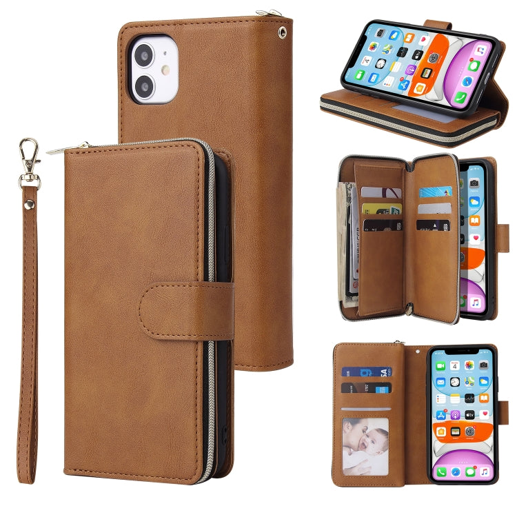 For iPhone 11 Pro Max Zipper Wallet Bag Horizontal Flip PU Leather Case with Holder & 9 Card Slots & Wallet & Lanyard & Photo Frame(Brown) - iPhone 11 Pro Max Cases by buy2fix | Online Shopping UK | buy2fix