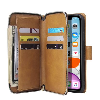 For iPhone 11 Pro Max Zipper Wallet Bag Horizontal Flip PU Leather Case with Holder & 9 Card Slots & Wallet & Lanyard & Photo Frame(Brown) - iPhone 11 Pro Max Cases by buy2fix | Online Shopping UK | buy2fix