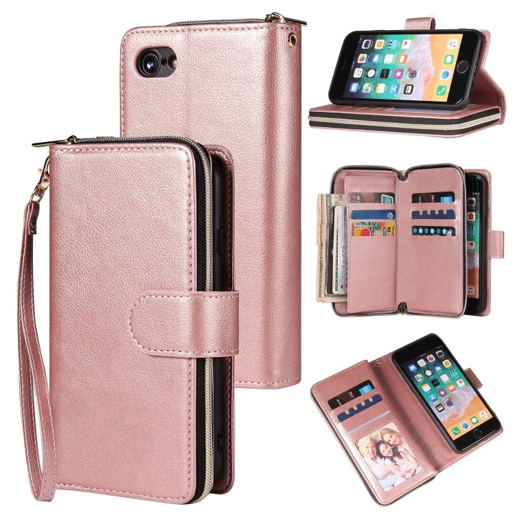 For iPhone SE 2022 / SE 2020 / 8 / 7 Zipper Wallet Bag Horizontal Flip PU Leather Case with Holder & 9 Card Slots & Wallet & Lanyard & Photo Frame(Rose Gold) - iPhone SE 2022 / 2020 / 8 / 7 Cases by buy2fix | Online Shopping UK | buy2fix