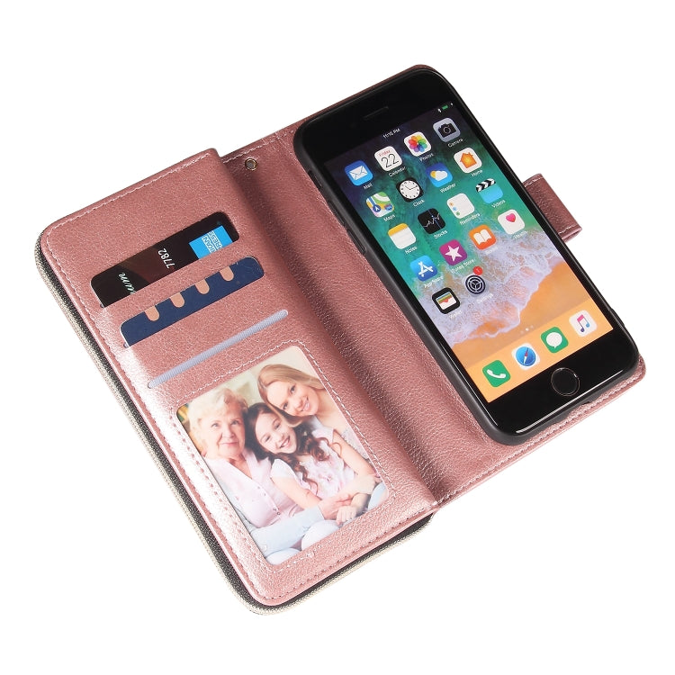 For iPhone SE 2022 / SE 2020 / 8 / 7 Zipper Wallet Bag Horizontal Flip PU Leather Case with Holder & 9 Card Slots & Wallet & Lanyard & Photo Frame(Rose Gold) - iPhone SE 2022 / 2020 / 8 / 7 Cases by buy2fix | Online Shopping UK | buy2fix