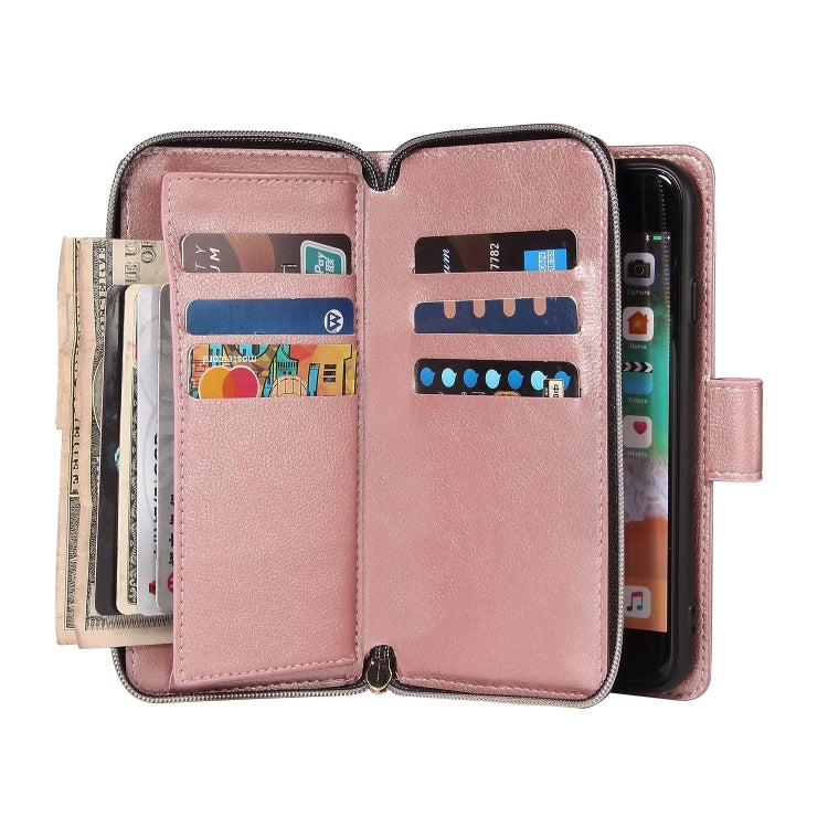 For iPhone SE 2022 / SE 2020 / 8 / 7 Zipper Wallet Bag Horizontal Flip PU Leather Case with Holder & 9 Card Slots & Wallet & Lanyard & Photo Frame(Rose Gold) - iPhone SE 2022 / 2020 / 8 / 7 Cases by buy2fix | Online Shopping UK | buy2fix