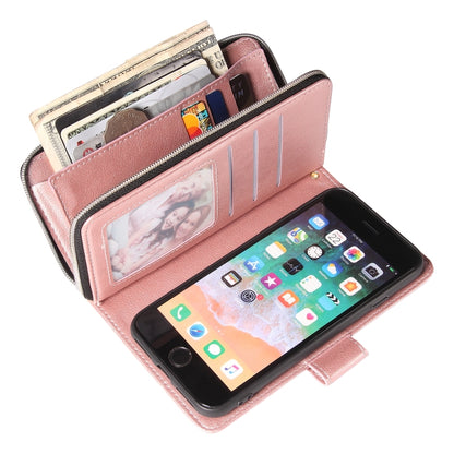 For iPhone SE 2022 / SE 2020 / 8 / 7 Zipper Wallet Bag Horizontal Flip PU Leather Case with Holder & 9 Card Slots & Wallet & Lanyard & Photo Frame(Rose Gold) - iPhone SE 2022 / 2020 / 8 / 7 Cases by buy2fix | Online Shopping UK | buy2fix