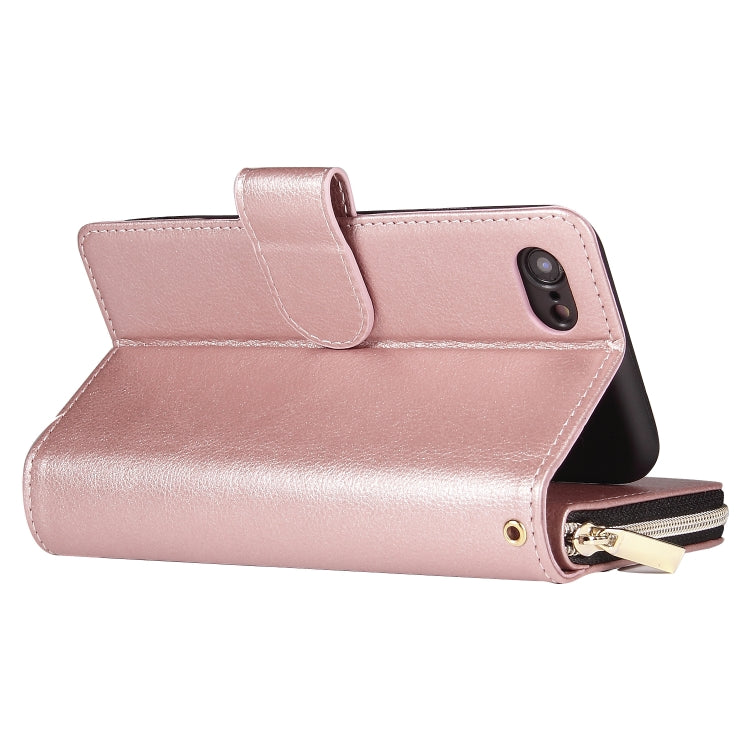For iPhone SE 2022 / SE 2020 / 8 / 7 Zipper Wallet Bag Horizontal Flip PU Leather Case with Holder & 9 Card Slots & Wallet & Lanyard & Photo Frame(Rose Gold) - iPhone SE 2022 / 2020 / 8 / 7 Cases by buy2fix | Online Shopping UK | buy2fix