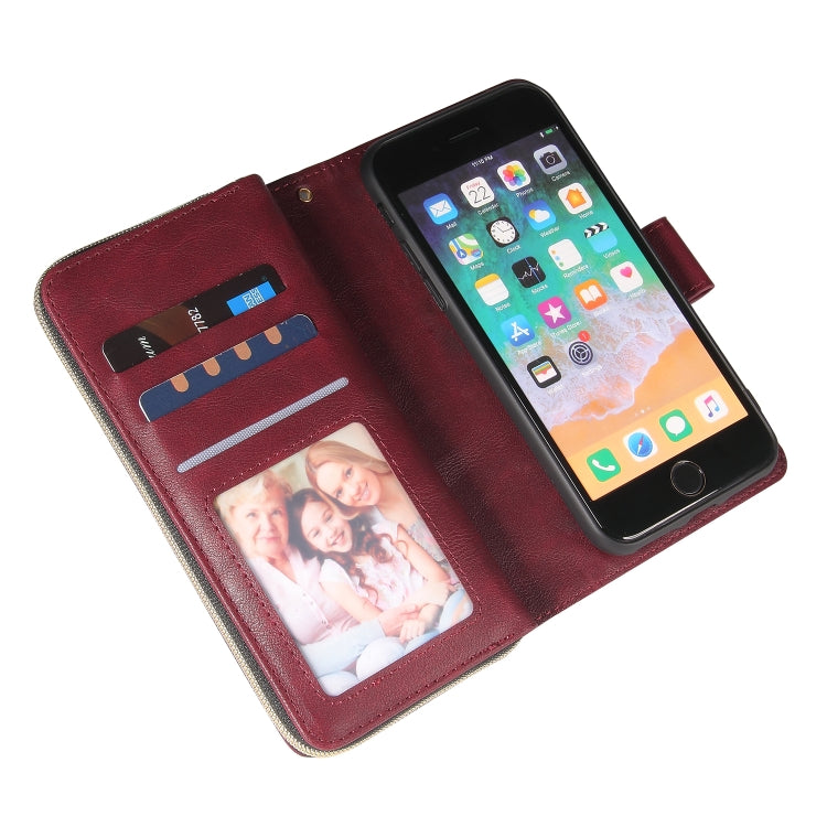 For iPhone SE 2022 / SE 2020 / 8 / 7 Zipper Wallet Bag Horizontal Flip PU Leather Case with Holder & 9 Card Slots & Wallet & Lanyard & Photo Frame(Wine Red) - iPhone SE 2022 / 2020 / 8 / 7 Cases by buy2fix | Online Shopping UK | buy2fix