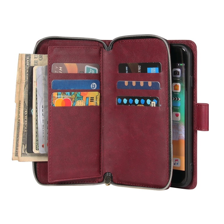For iPhone SE 2022 / SE 2020 / 8 / 7 Zipper Wallet Bag Horizontal Flip PU Leather Case with Holder & 9 Card Slots & Wallet & Lanyard & Photo Frame(Wine Red) - iPhone SE 2022 / 2020 / 8 / 7 Cases by buy2fix | Online Shopping UK | buy2fix