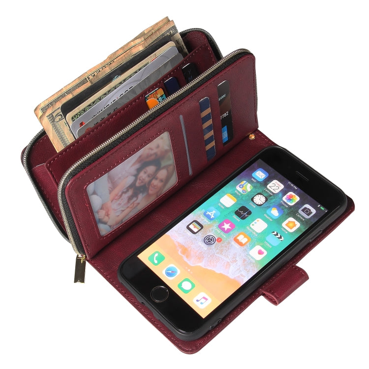 For iPhone SE 2022 / SE 2020 / 8 / 7 Zipper Wallet Bag Horizontal Flip PU Leather Case with Holder & 9 Card Slots & Wallet & Lanyard & Photo Frame(Wine Red) - iPhone SE 2022 / 2020 / 8 / 7 Cases by buy2fix | Online Shopping UK | buy2fix