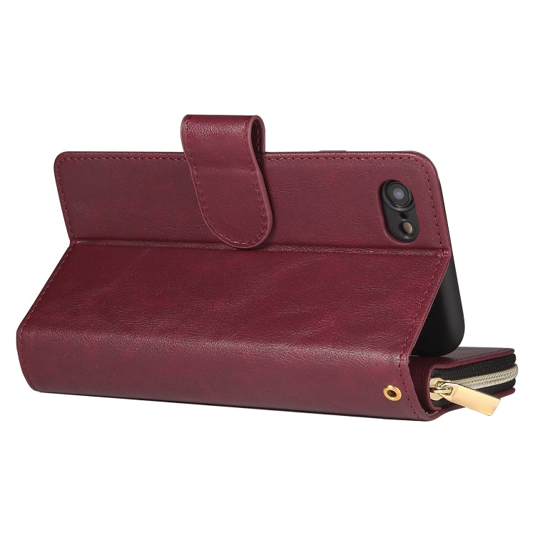 For iPhone SE 2022 / SE 2020 / 8 / 7 Zipper Wallet Bag Horizontal Flip PU Leather Case with Holder & 9 Card Slots & Wallet & Lanyard & Photo Frame(Wine Red) - iPhone SE 2022 / 2020 / 8 / 7 Cases by buy2fix | Online Shopping UK | buy2fix