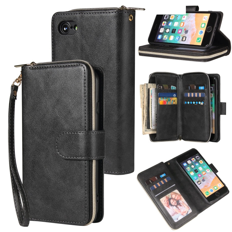 For iPhone SE 2022 / SE 2020 / 8 / 7 Zipper Wallet Bag Horizontal Flip PU Leather Case with Holder & 9 Card Slots & Wallet & Lanyard & Photo Frame(Black) - iPhone SE 2022 / 2020 / 8 / 7 Cases by buy2fix | Online Shopping UK | buy2fix
