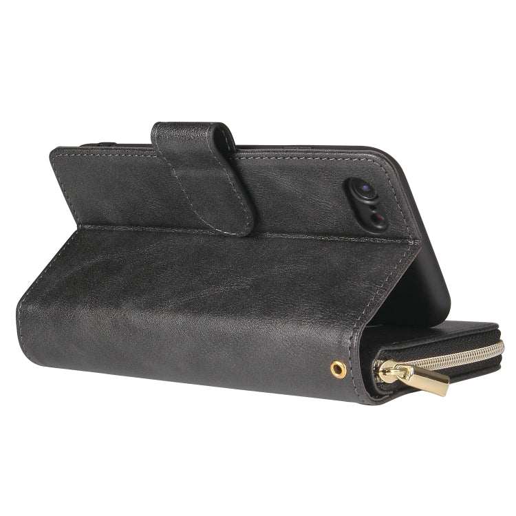 For iPhone SE 2022 / SE 2020 / 8 / 7 Zipper Wallet Bag Horizontal Flip PU Leather Case with Holder & 9 Card Slots & Wallet & Lanyard & Photo Frame(Black) - iPhone SE 2022 / 2020 / 8 / 7 Cases by buy2fix | Online Shopping UK | buy2fix