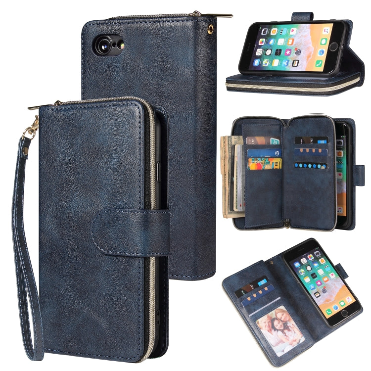 For iPhone SE 2022 / SE 2020 / 8 / 7 Zipper Wallet Bag Horizontal Flip PU Leather Case with Holder & 9 Card Slots & Wallet & Lanyard & Photo Frame(Blue) - iPhone SE 2022 / 2020 / 8 / 7 Cases by buy2fix | Online Shopping UK | buy2fix