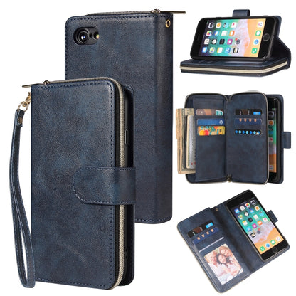 For iPhone SE 2022 / SE 2020 / 8 / 7 Zipper Wallet Bag Horizontal Flip PU Leather Case with Holder & 9 Card Slots & Wallet & Lanyard & Photo Frame(Blue) - iPhone SE 2022 / 2020 / 8 / 7 Cases by buy2fix | Online Shopping UK | buy2fix