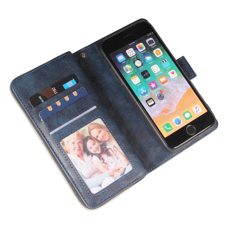 For iPhone SE 2022 / SE 2020 / 8 / 7 Zipper Wallet Bag Horizontal Flip PU Leather Case with Holder & 9 Card Slots & Wallet & Lanyard & Photo Frame(Blue) - iPhone SE 2022 / 2020 / 8 / 7 Cases by buy2fix | Online Shopping UK | buy2fix