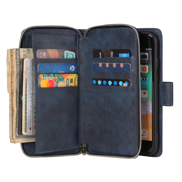 For iPhone SE 2022 / SE 2020 / 8 / 7 Zipper Wallet Bag Horizontal Flip PU Leather Case with Holder & 9 Card Slots & Wallet & Lanyard & Photo Frame(Blue) - iPhone SE 2022 / 2020 / 8 / 7 Cases by buy2fix | Online Shopping UK | buy2fix