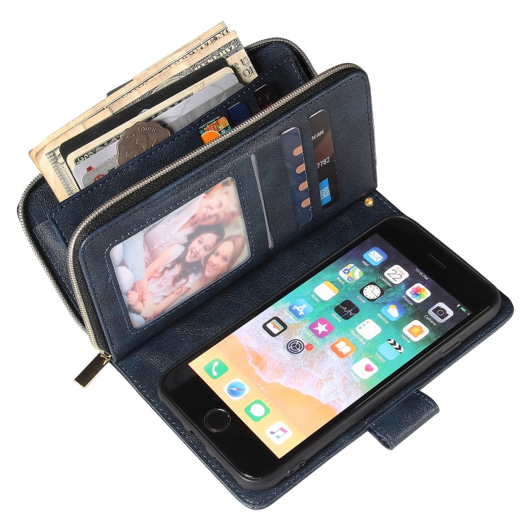 For iPhone SE 2022 / SE 2020 / 8 / 7 Zipper Wallet Bag Horizontal Flip PU Leather Case with Holder & 9 Card Slots & Wallet & Lanyard & Photo Frame(Blue) - iPhone SE 2022 / 2020 / 8 / 7 Cases by buy2fix | Online Shopping UK | buy2fix