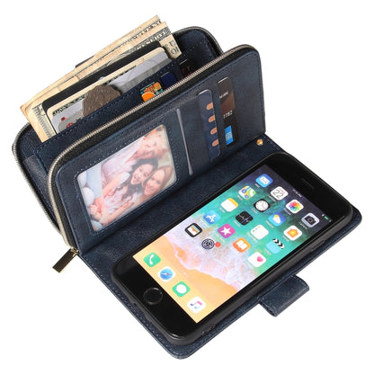 For iPhone SE 2022 / SE 2020 / 8 / 7 Zipper Wallet Bag Horizontal Flip PU Leather Case with Holder & 9 Card Slots & Wallet & Lanyard & Photo Frame(Blue) - iPhone SE 2022 / 2020 / 8 / 7 Cases by buy2fix | Online Shopping UK | buy2fix