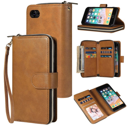 For iPhone SE 2022 / SE 2020 / 8 / 7 Zipper Wallet Bag Horizontal Flip PU Leather Case with Holder & 9 Card Slots & Wallet & Lanyard & Photo Frame(Brown) - iPhone SE 2022 / 2020 / 8 / 7 Cases by buy2fix | Online Shopping UK | buy2fix