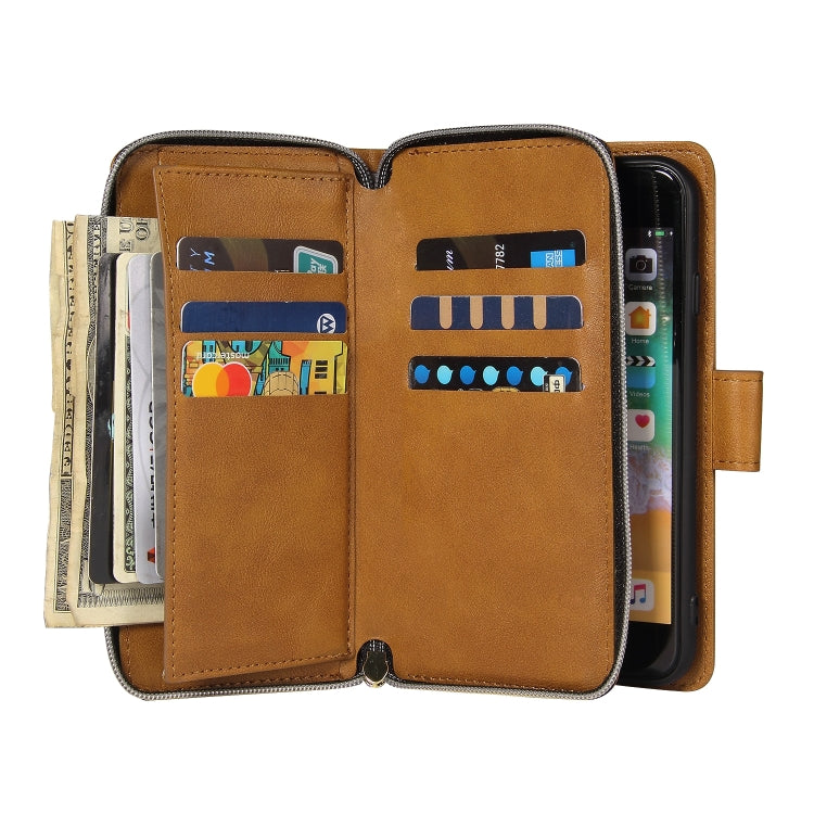 For iPhone SE 2022 / SE 2020 / 8 / 7 Zipper Wallet Bag Horizontal Flip PU Leather Case with Holder & 9 Card Slots & Wallet & Lanyard & Photo Frame(Brown) - iPhone SE 2022 / 2020 / 8 / 7 Cases by buy2fix | Online Shopping UK | buy2fix