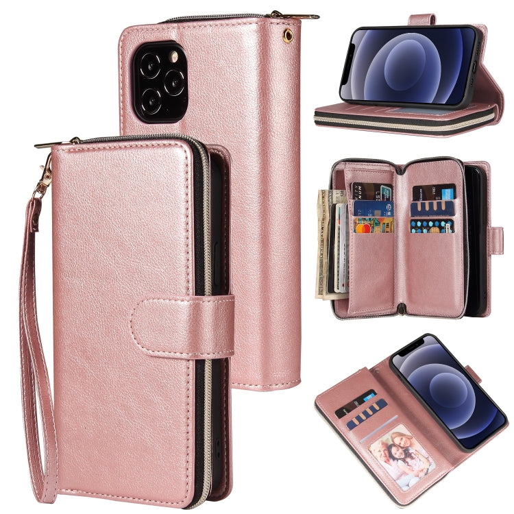 For iPhone 12 mini Zipper Wallet Bag Horizontal Flip PU Leather Case with Holder & 9 Card Slots & Wallet & Lanyard & Photo Frame(Rose Gold) - iPhone 12 mini Cases by buy2fix | Online Shopping UK | buy2fix