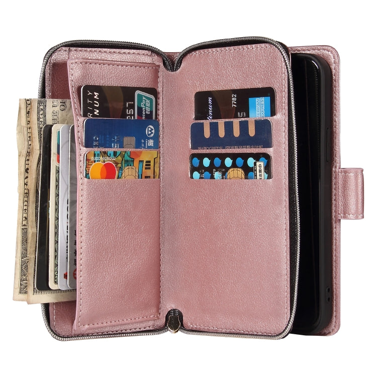 For iPhone 12 mini Zipper Wallet Bag Horizontal Flip PU Leather Case with Holder & 9 Card Slots & Wallet & Lanyard & Photo Frame(Rose Gold) - iPhone 12 mini Cases by buy2fix | Online Shopping UK | buy2fix