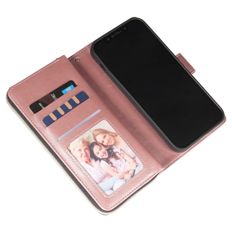 For iPhone 12 mini Zipper Wallet Bag Horizontal Flip PU Leather Case with Holder & 9 Card Slots & Wallet & Lanyard & Photo Frame(Rose Gold) - iPhone 12 mini Cases by buy2fix | Online Shopping UK | buy2fix